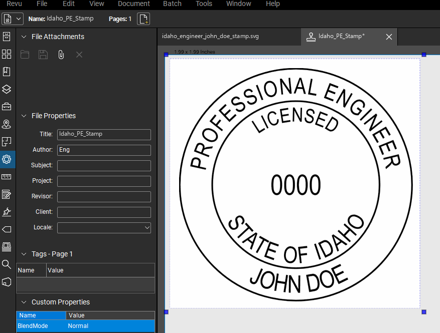 Idaho PE stamp applied to a PDF drawing in Bluebeam Revu