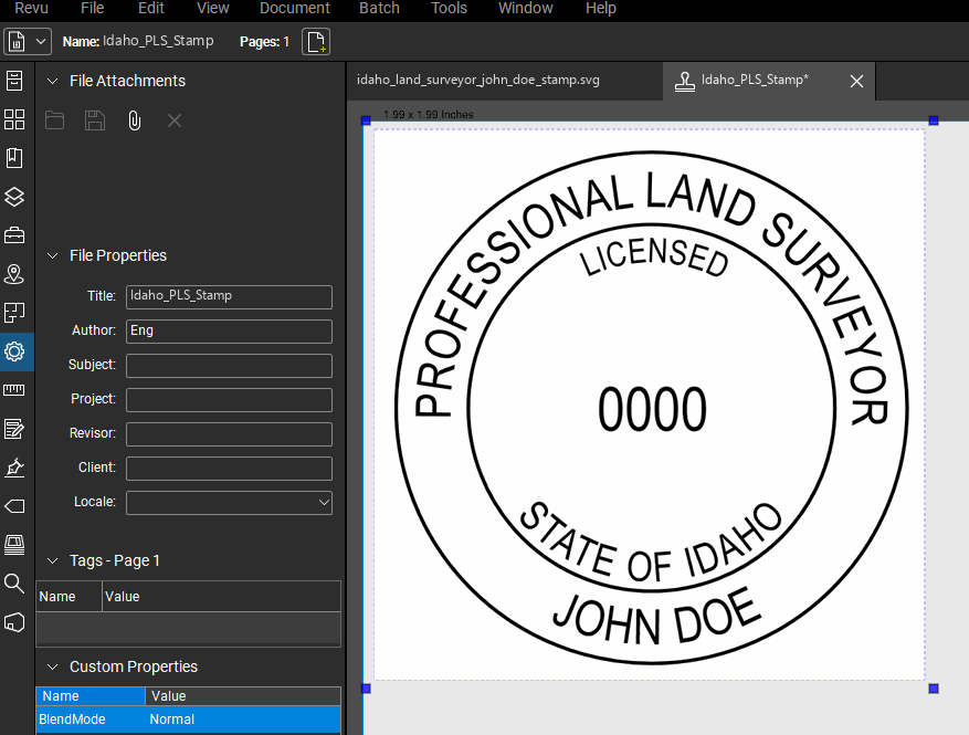 Idaho Land Surveyor stamp applied to a PDF drawing in Bluebeam Revu