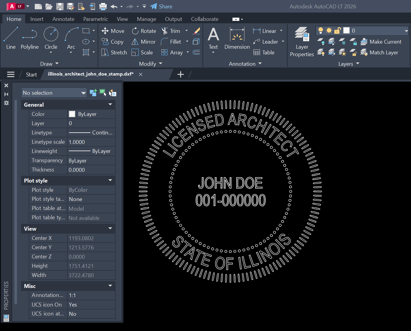 Illinois Architect stamp DXF opened in AutoCAD