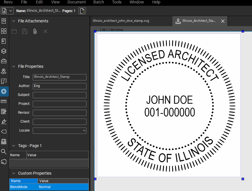 Illinois Architect stamp applied to a PDF drawing in Bluebeam Revu