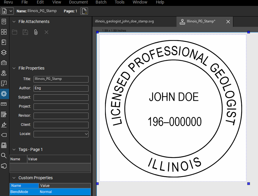 Illinois Geologist stamp applied to a PDF drawing in Bluebeam Revu