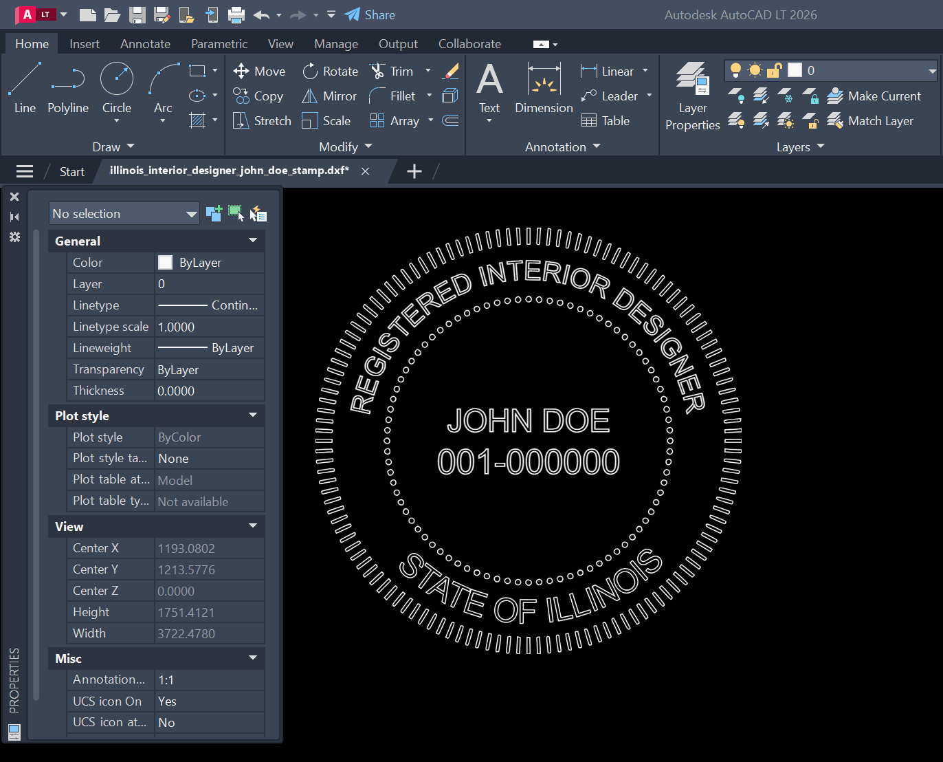 Illinois Interior Designer stamp DXF opened in AutoCAD