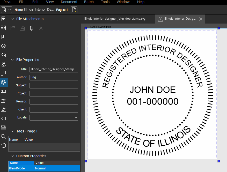 Illinois Interior Designer stamp applied to a PDF drawing in Bluebeam Revu