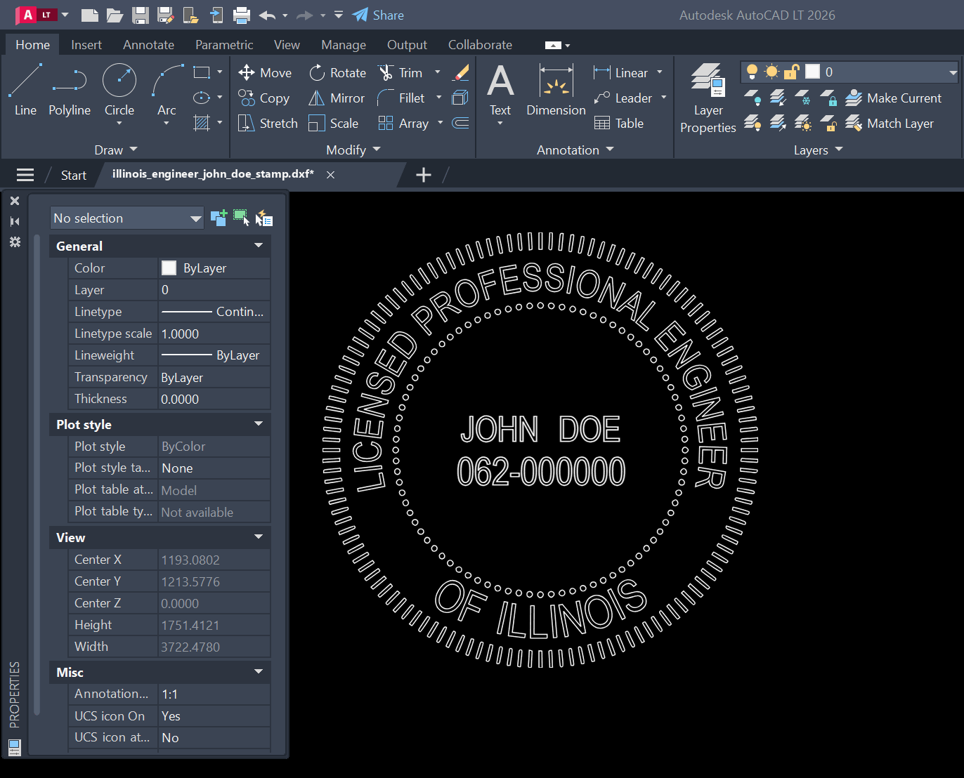 Illinois PE stamp DXF opened in AutoCAD
