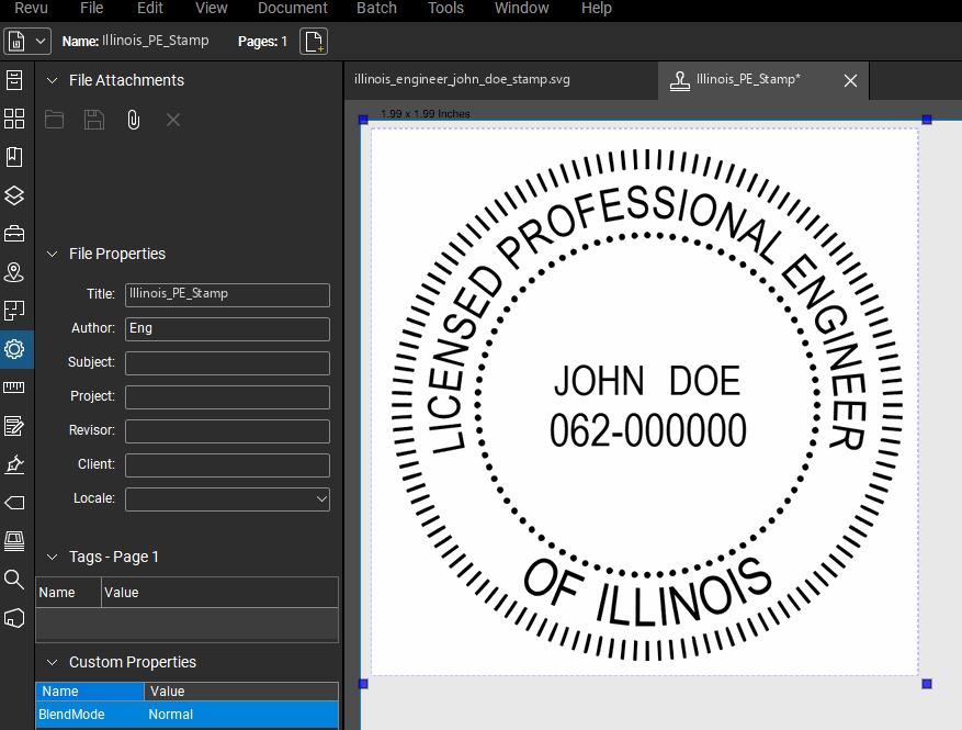 Illinois PE stamp applied to a PDF drawing in Bluebeam Revu