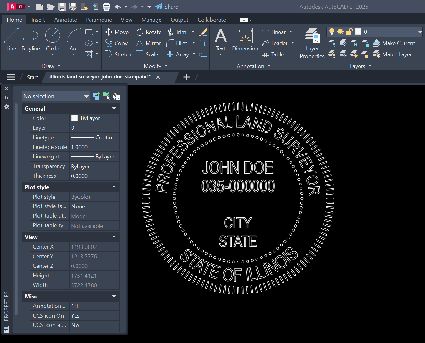 Illinois Land Surveyor stamp DXF opened in AutoCAD