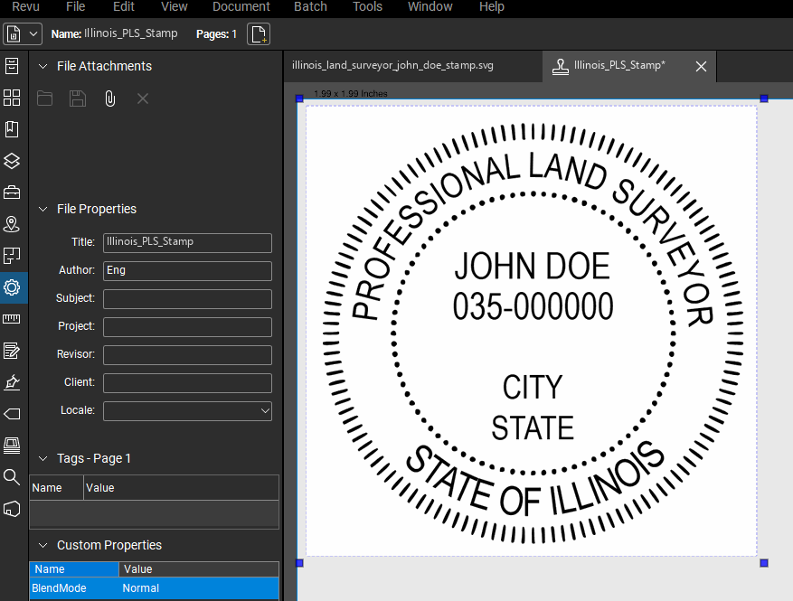 Illinois Land Surveyor stamp applied to a PDF drawing in Bluebeam Revu