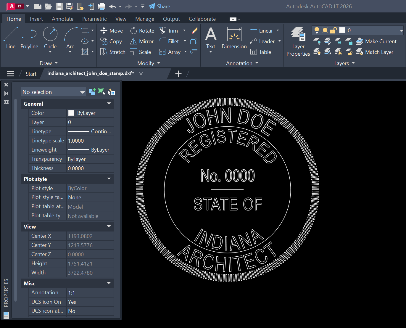 Indiana Architect stamp DXF opened in AutoCAD
