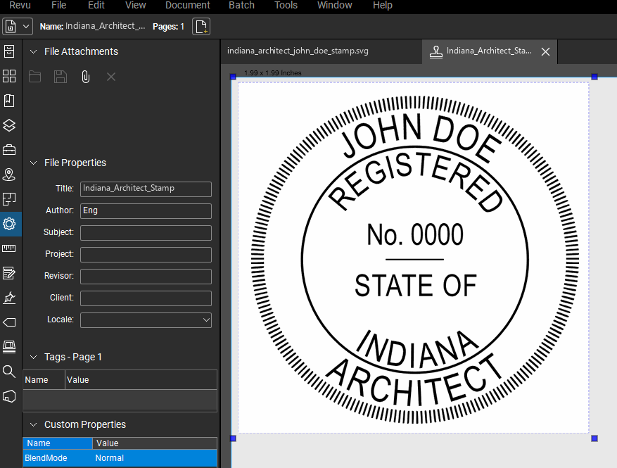 Indiana Architect stamp applied to a PDF drawing in Bluebeam Revu