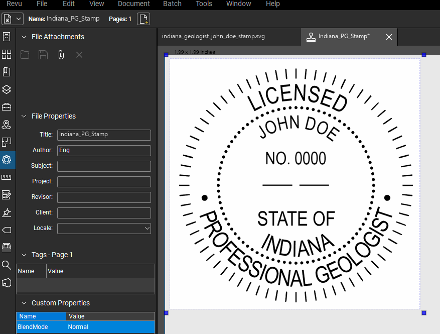 Indiana Geologist stamp applied to a PDF drawing in Bluebeam Revu