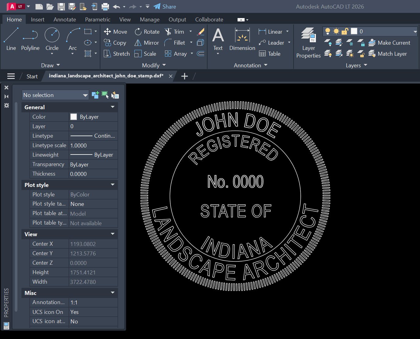 Indiana Landscape Architect stamp DXF opened in AutoCAD