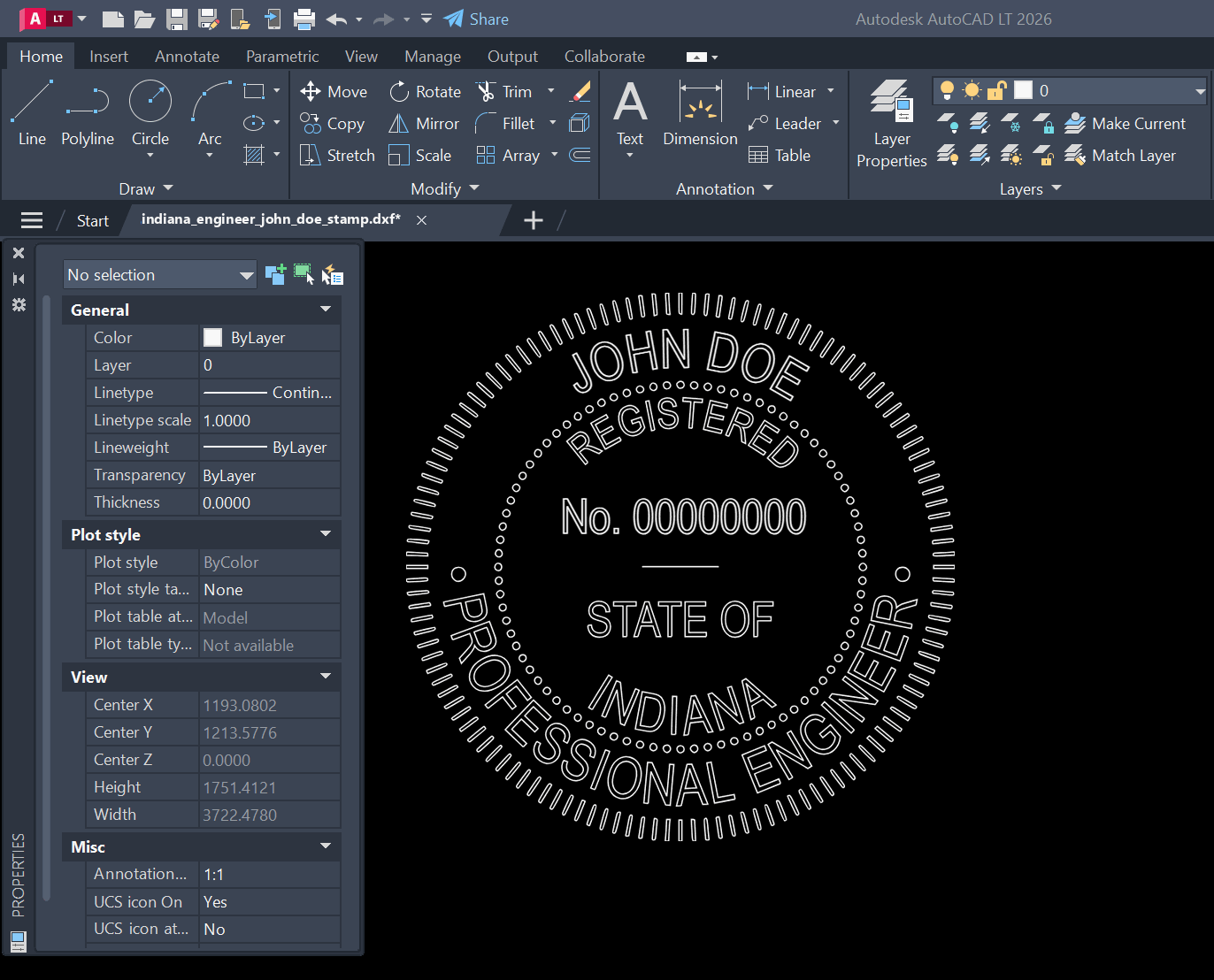 Indiana PE stamp DXF opened in AutoCAD