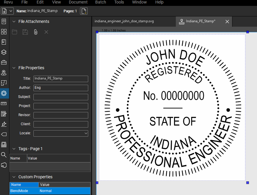 Indiana PE stamp applied to a PDF drawing in Bluebeam Revu