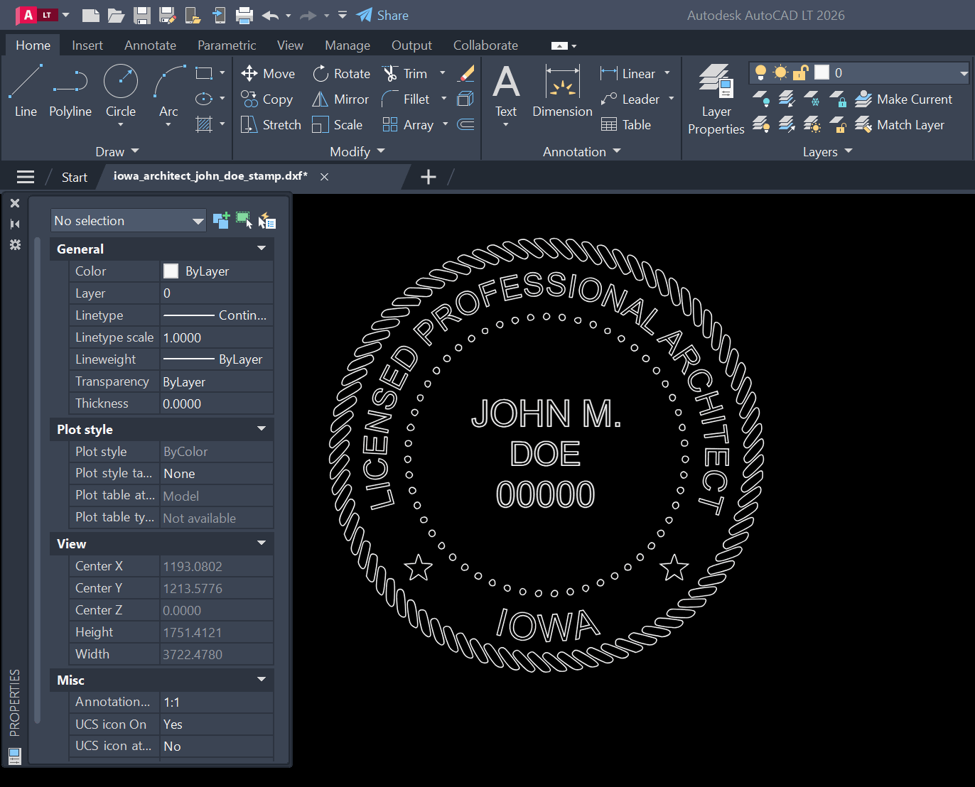 Iowa Architect stamp DXF opened in AutoCAD