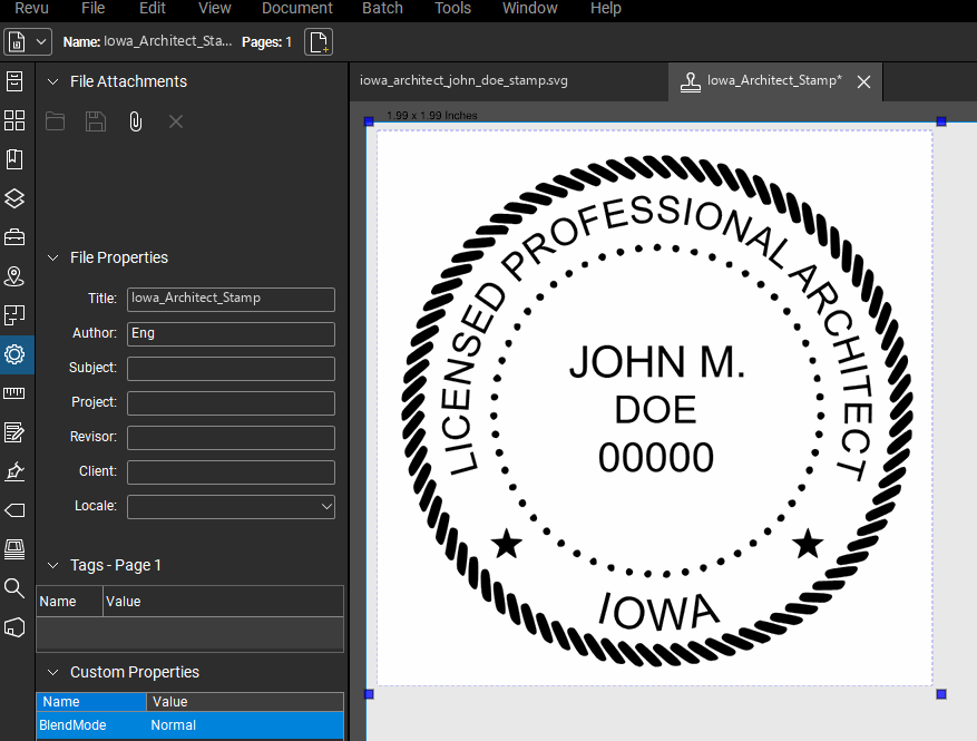 Iowa Architect stamp applied to a PDF drawing in Bluebeam Revu