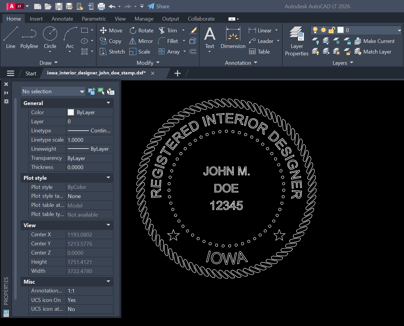 Iowa Interior Designer stamp DXF opened in AutoCAD