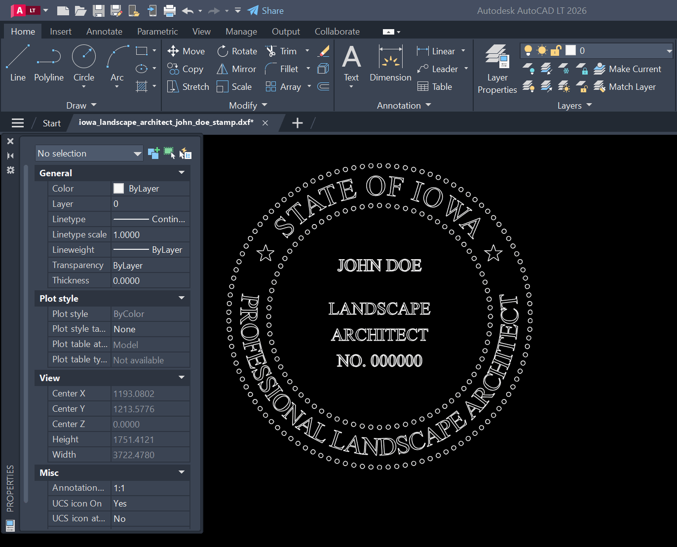 Iowa Landscape Architect stamp DXF opened in AutoCAD
