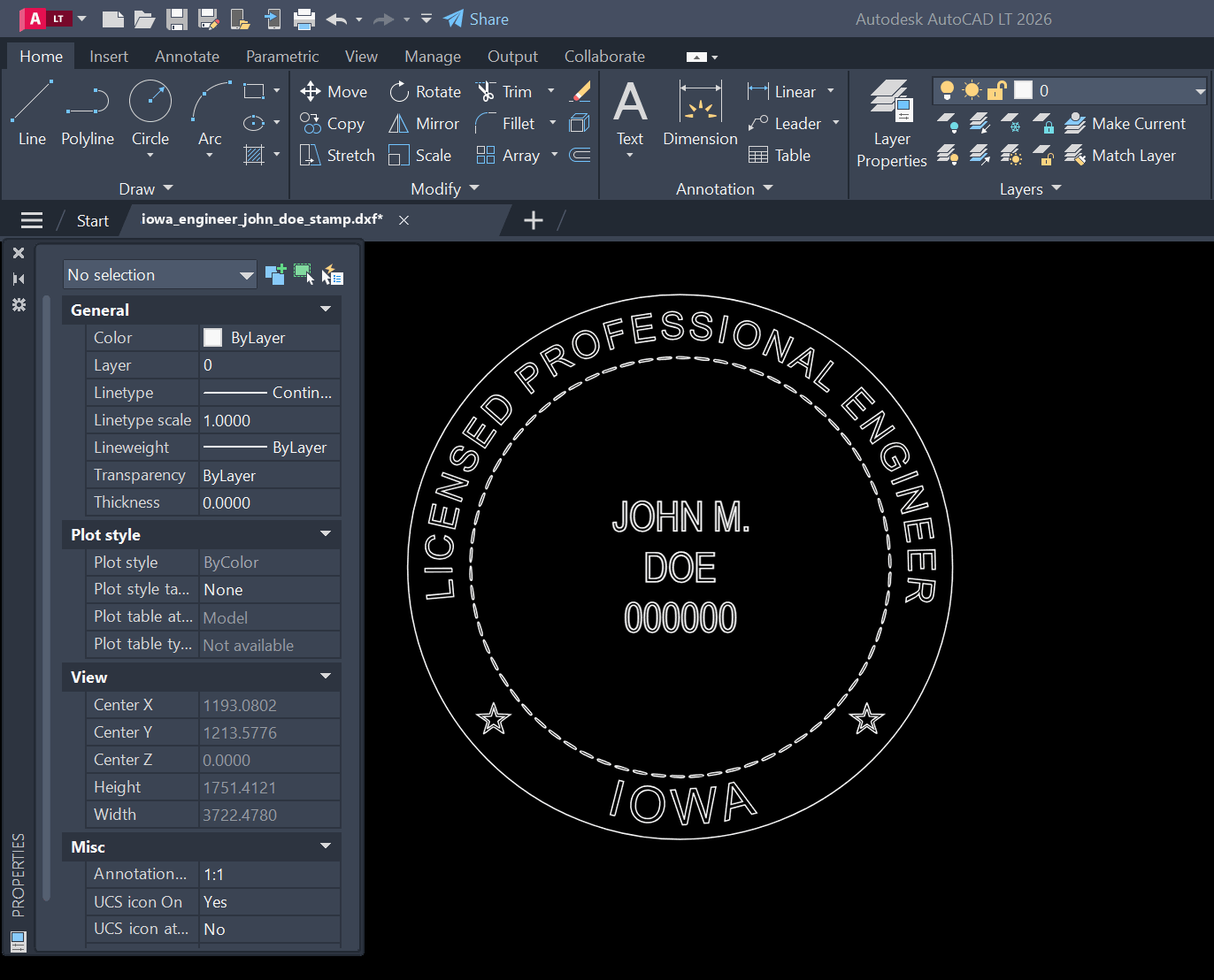 Iowa PE stamp DXF opened in AutoCAD