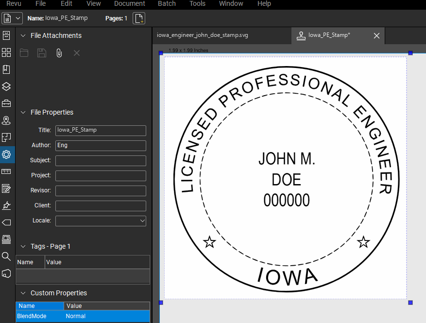 Iowa PE stamp applied to a PDF drawing in Bluebeam Revu