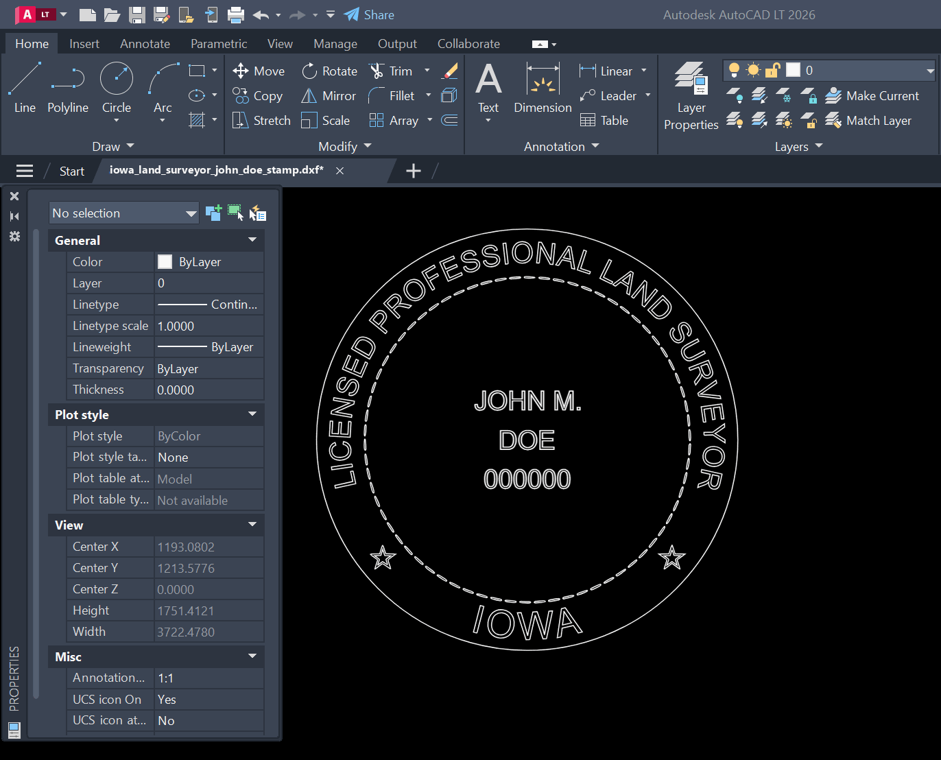 Iowa Land Surveyor stamp DXF opened in AutoCAD