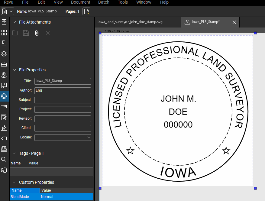 Iowa Land Surveyor stamp applied to a PDF drawing in Bluebeam Revu