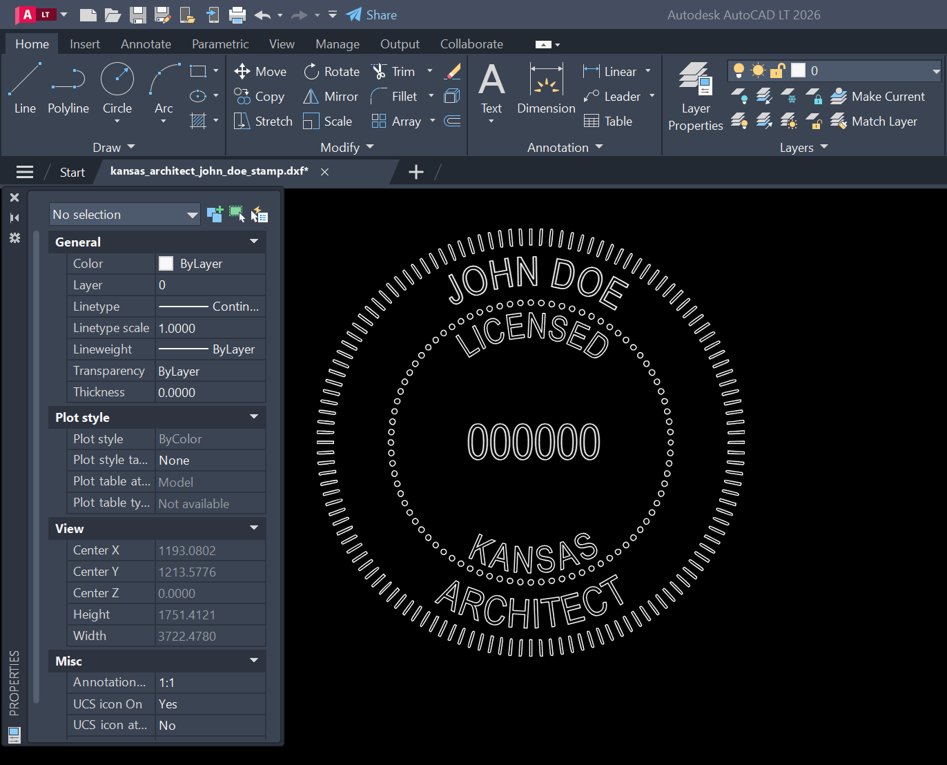Kansas Architect stamp DXF opened in AutoCAD