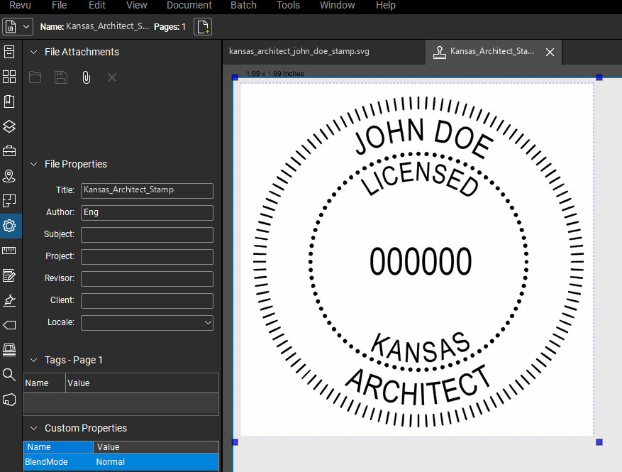 Kansas Architect stamp applied to a PDF drawing in Bluebeam Revu