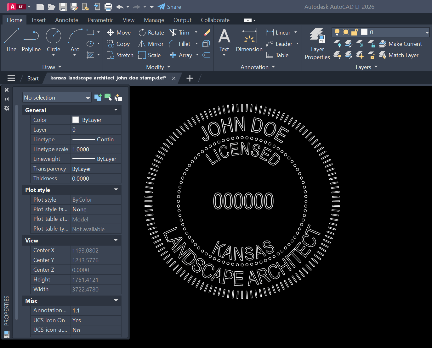 Kansas Landscape Architect stamp DXF opened in AutoCAD