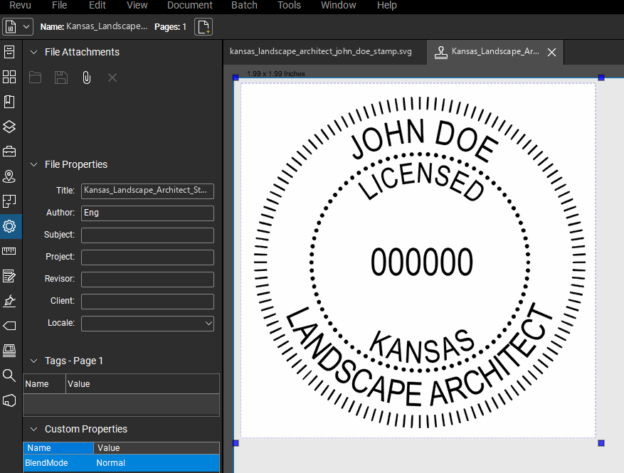 Kansas Landscape Architect stamp applied to a PDF drawing in Bluebeam Revu