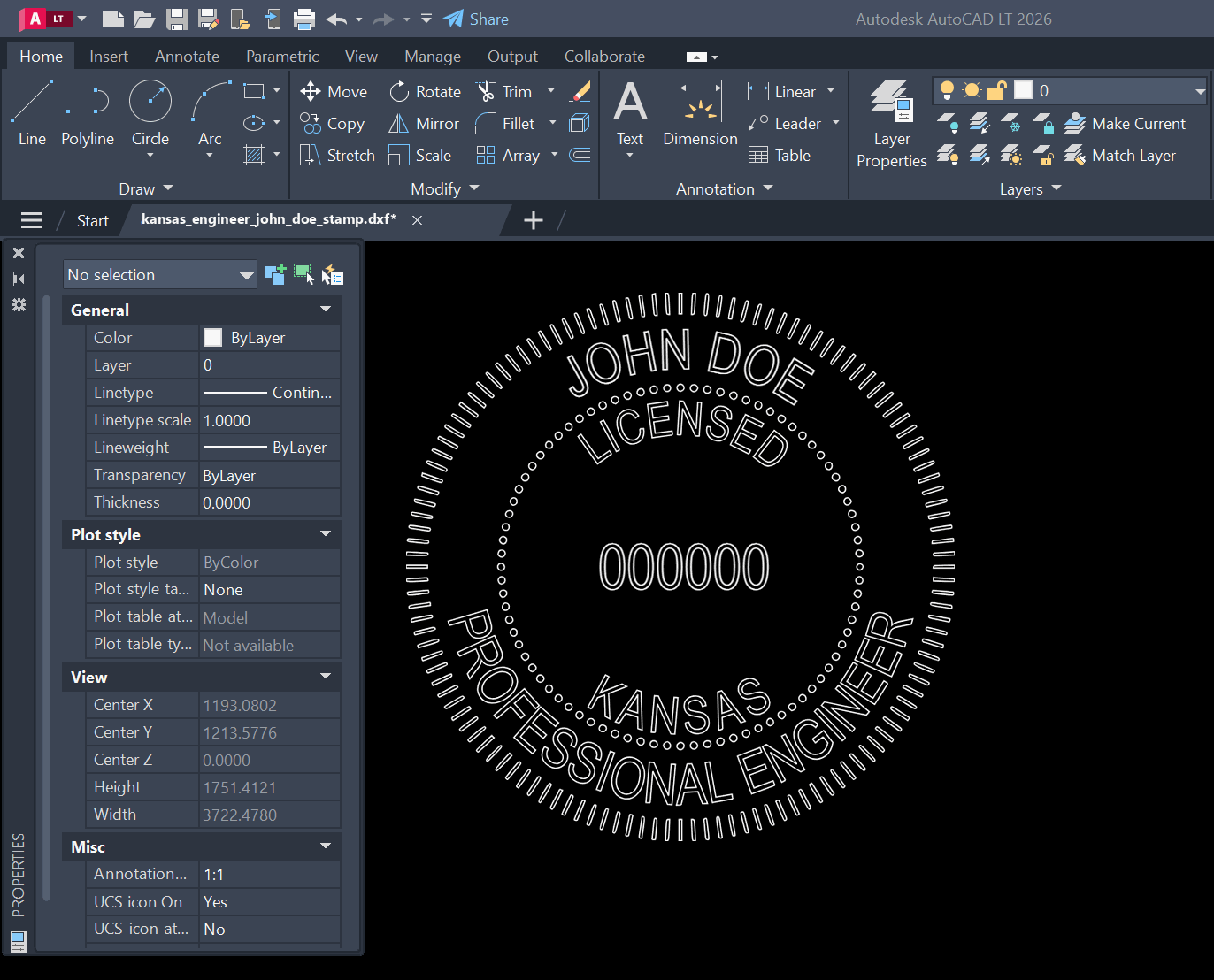 Kansas PE stamp DXF opened in AutoCAD
