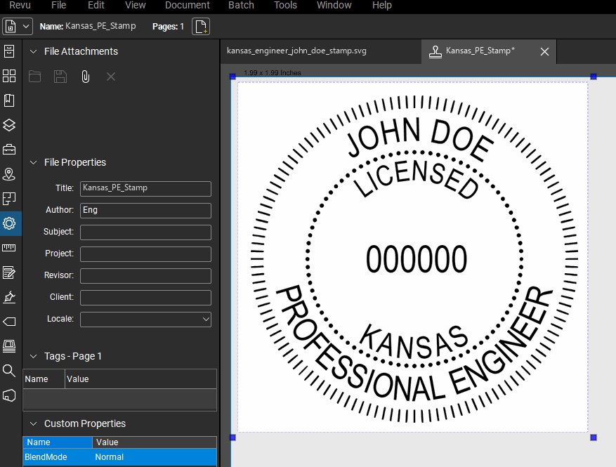 Kansas PE stamp applied to a PDF drawing in Bluebeam Revu
