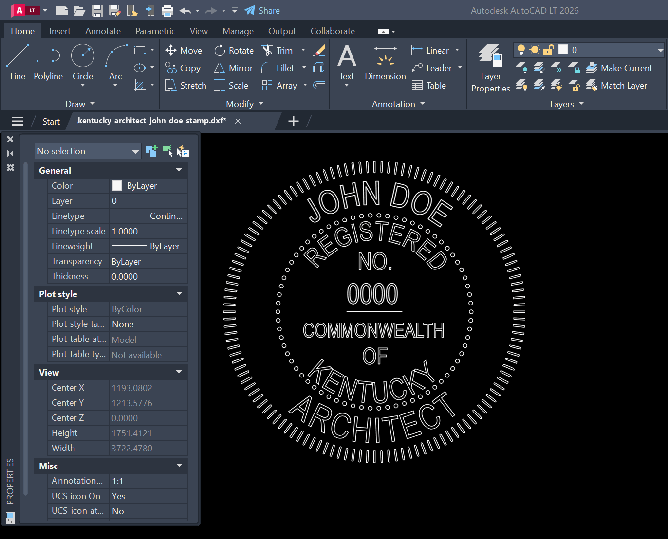 Kentucky Architect stamp DXF opened in AutoCAD
