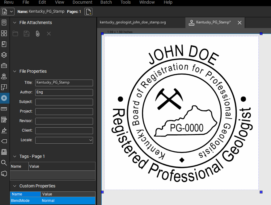 Kentucky Geologist stamp applied to a PDF drawing in Bluebeam Revu