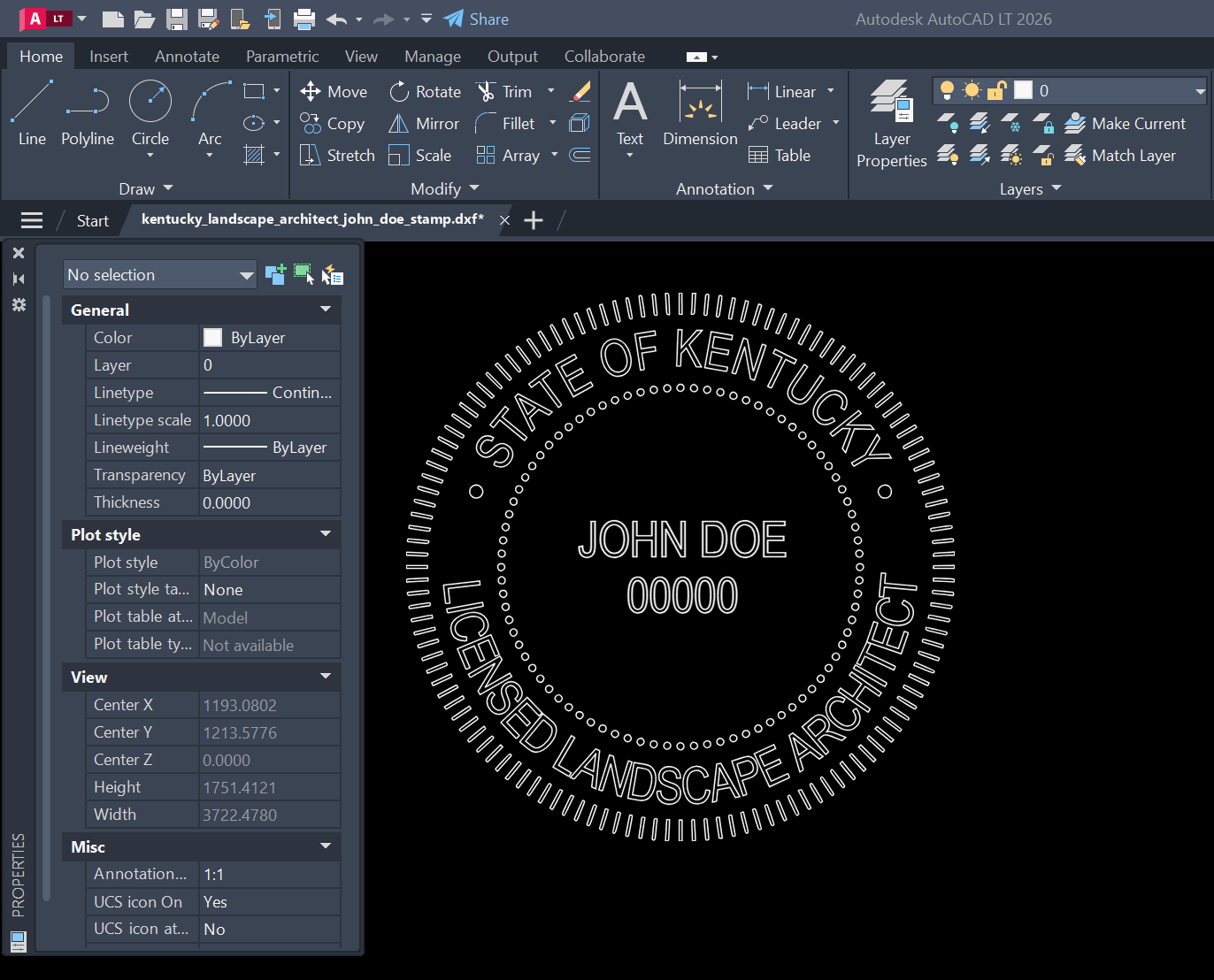 Kentucky Landscape Architect stamp DXF opened in AutoCAD