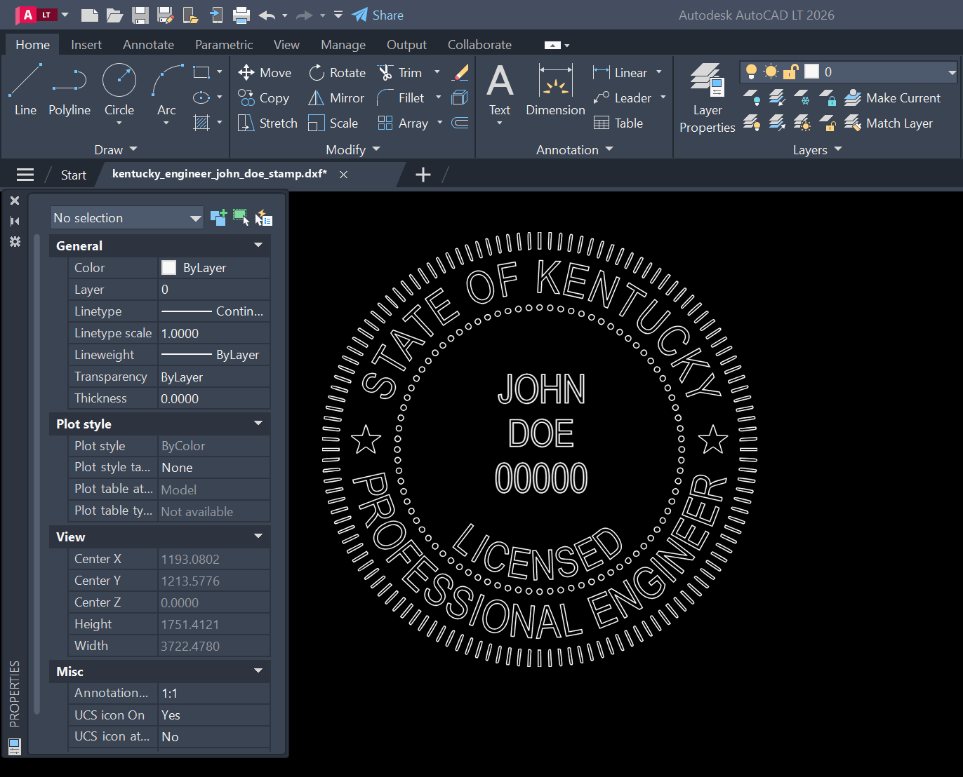 Kentucky PE stamp DXF opened in AutoCAD