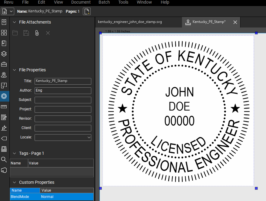 Kentucky PE stamp applied to a PDF drawing in Bluebeam Revu