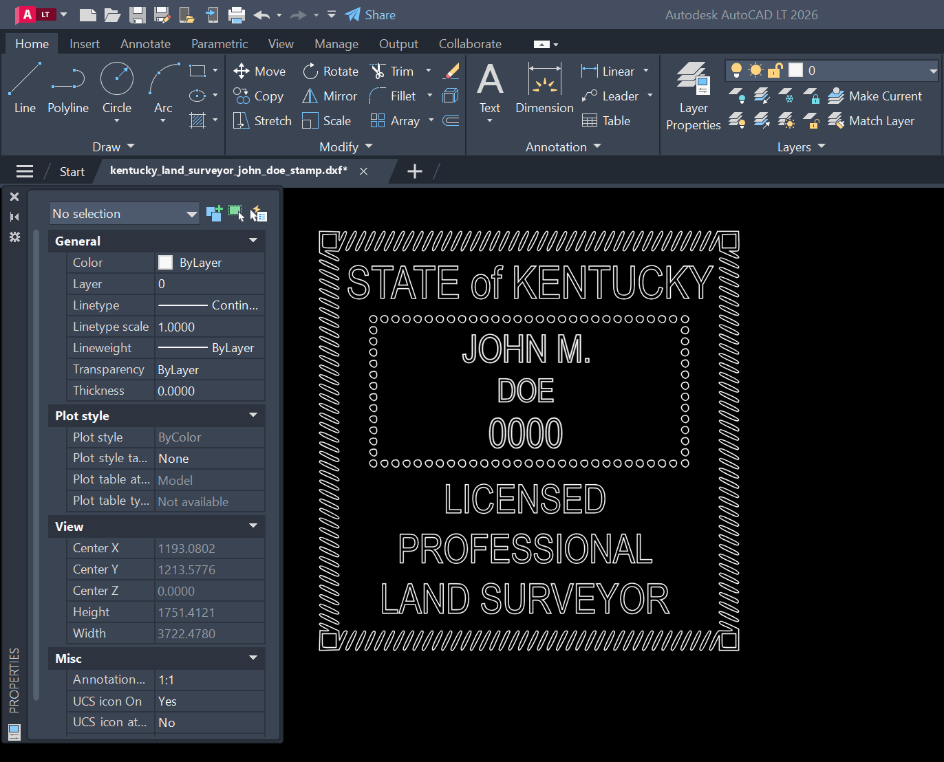 Kentucky Land Surveyor stamp DXF opened in AutoCAD