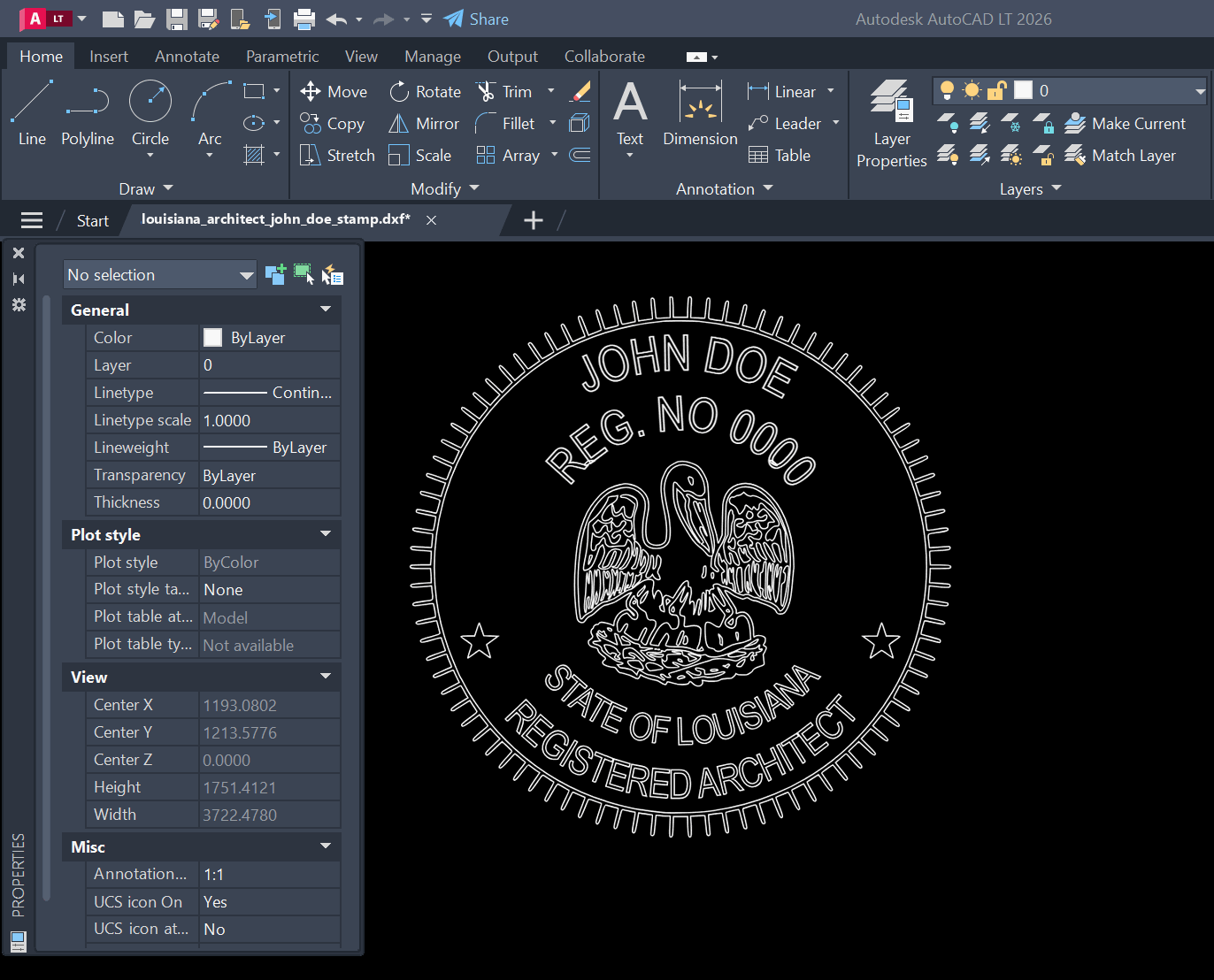 Louisiana Architect stamp DXF opened in AutoCAD