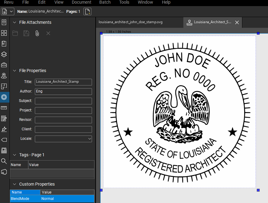 Louisiana Architect stamp applied to a PDF drawing in Bluebeam Revu