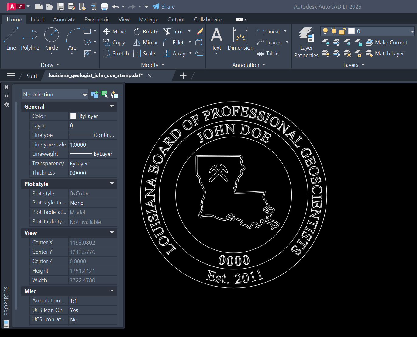 Louisiana Geologist stamp DXF opened in AutoCAD