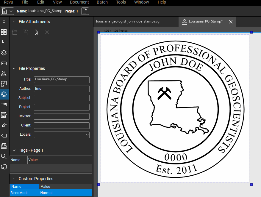 Louisiana Geologist stamp applied to a PDF drawing in Bluebeam Revu