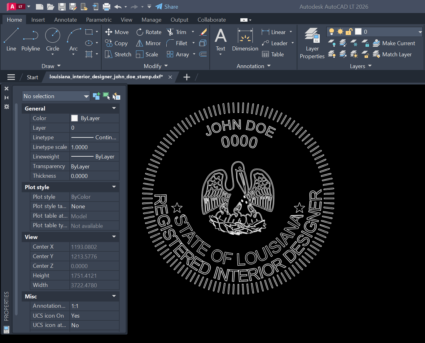 Louisiana Interior Designer stamp DXF opened in AutoCAD