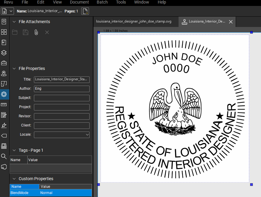 Louisiana Interior Designer stamp applied to a PDF drawing in Bluebeam Revu