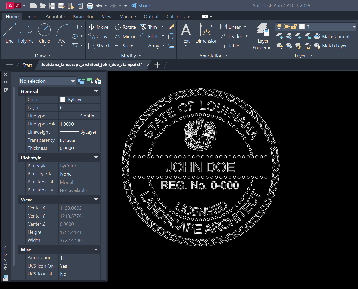 Louisiana Landscape Architect stamp DXF opened in AutoCAD