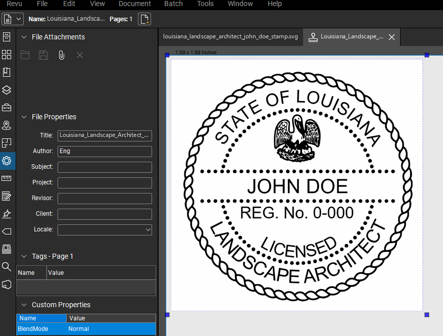 Louisiana Landscape Architect stamp applied to a PDF drawing in Bluebeam Revu