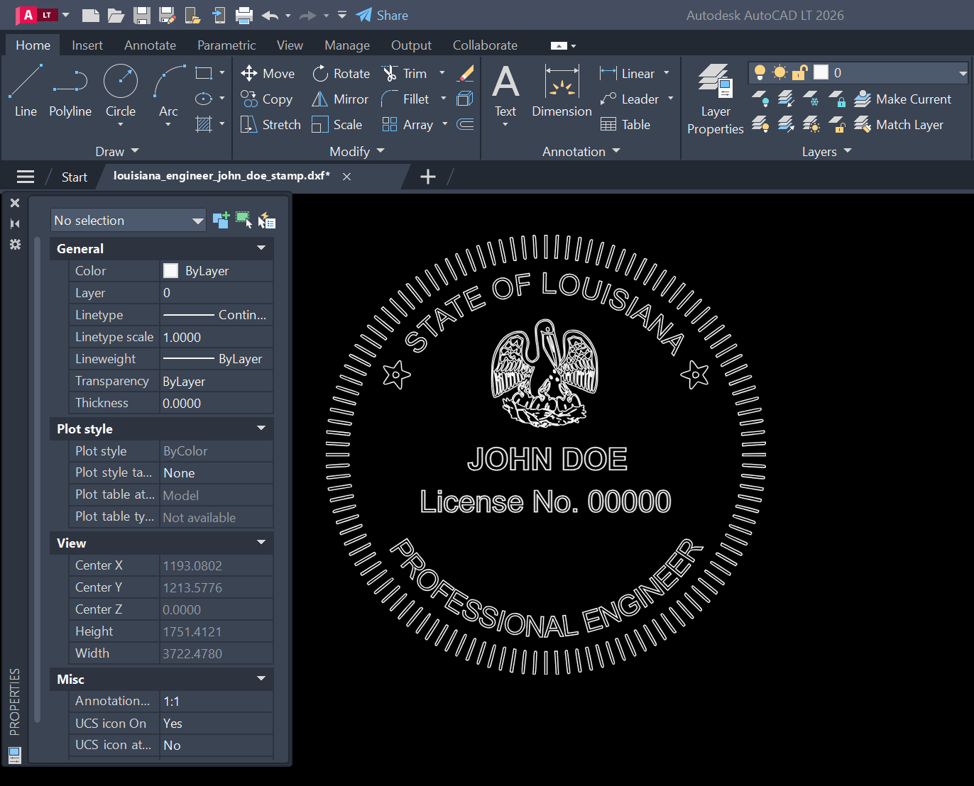 Louisiana PE stamp DXF opened in AutoCAD