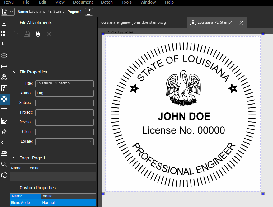 Louisiana PE stamp applied to a PDF drawing in Bluebeam Revu