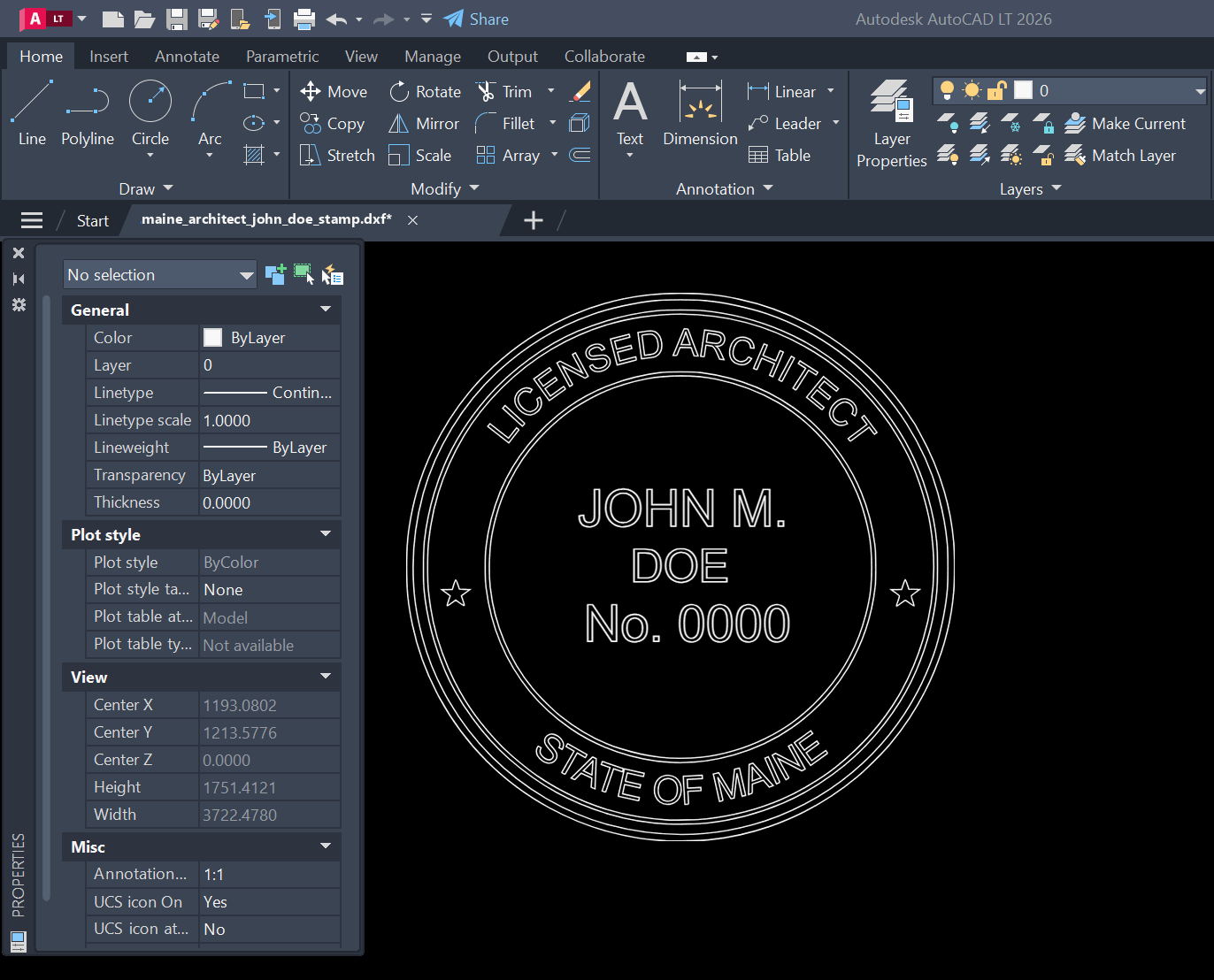 Maine Architect stamp DXF opened in AutoCAD