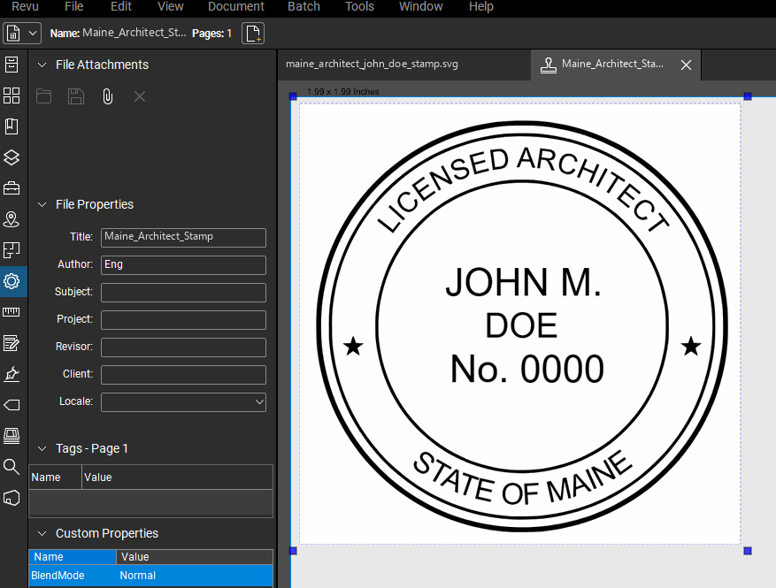 Maine Architect stamp applied to a PDF drawing in Bluebeam Revu