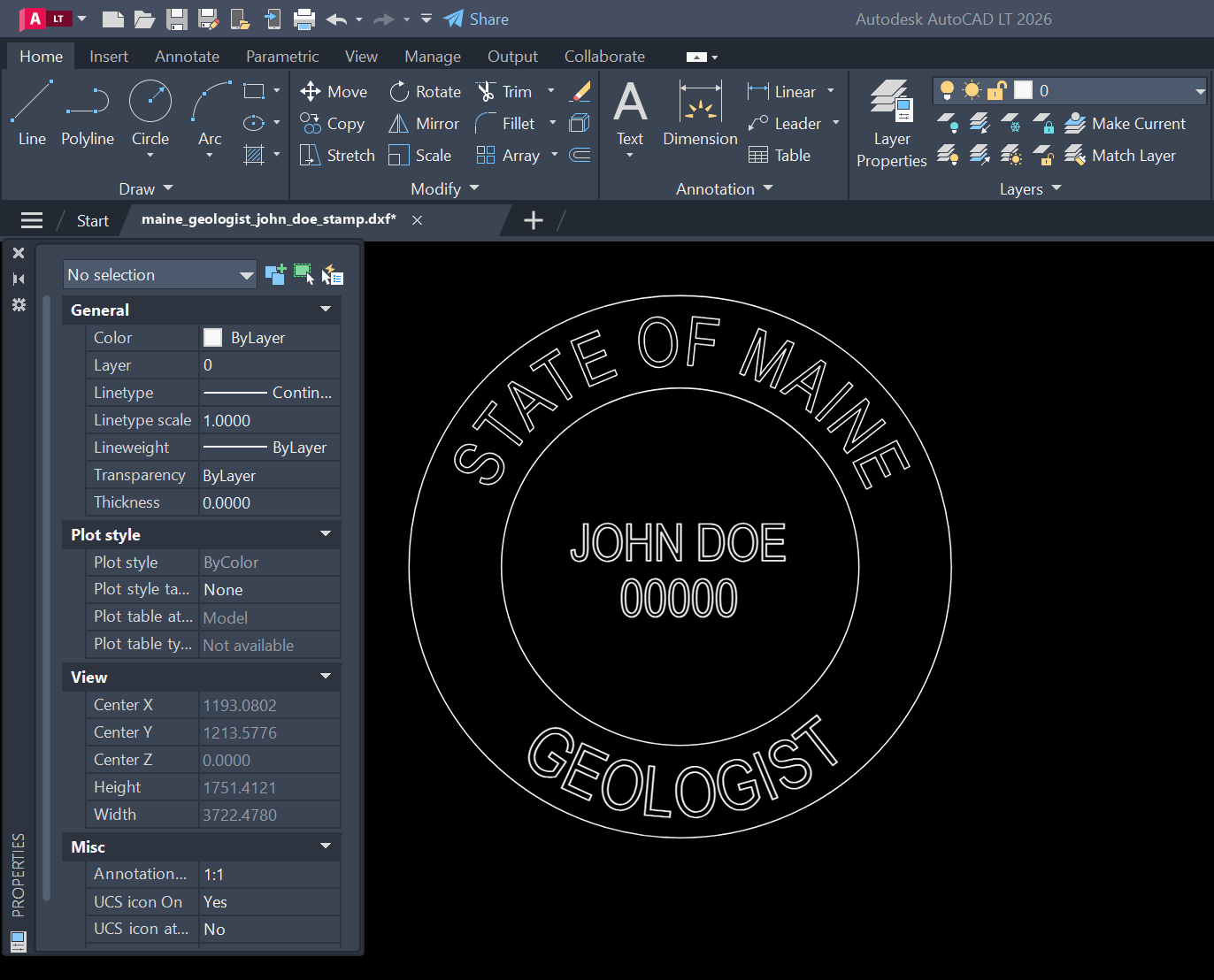 Maine Geologist stamp DXF opened in AutoCAD